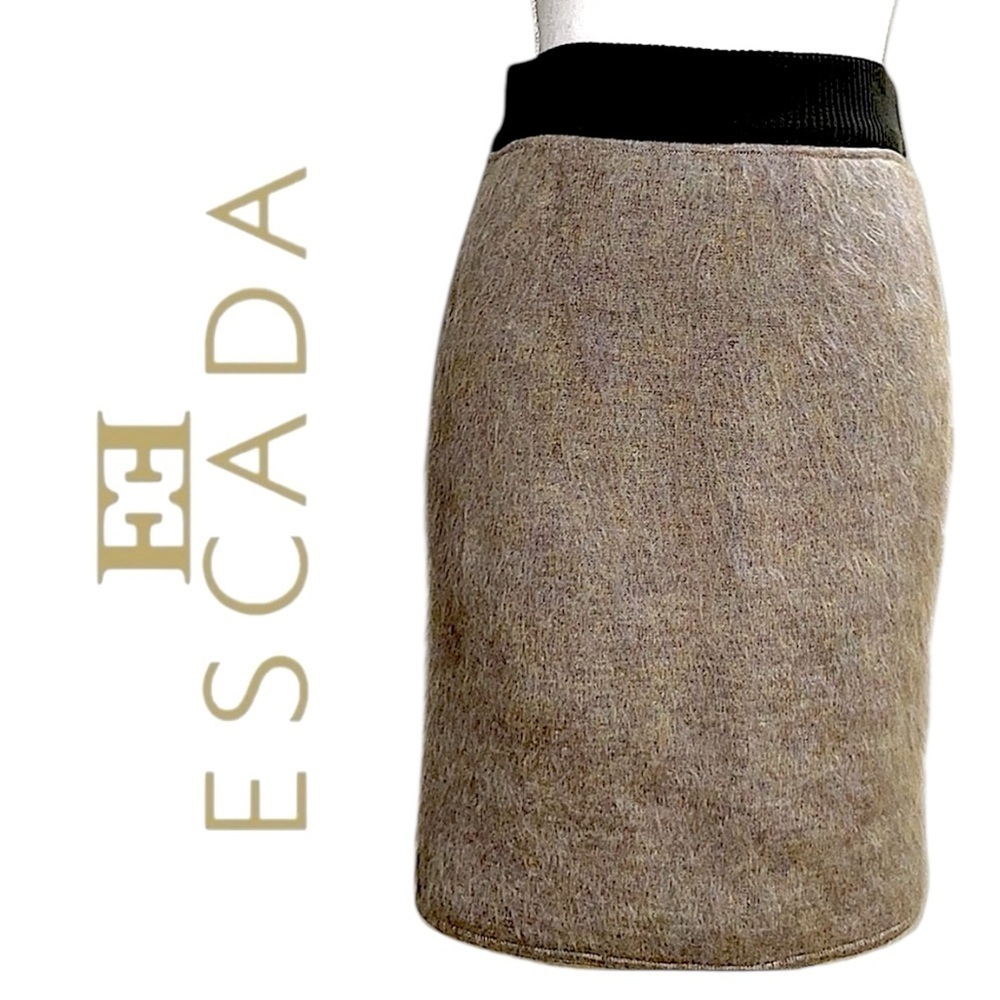 Vintage ESCADA by Margaretha Ley Brown Fuzzy Wool Mohair Pencil Skirt Stretch SM